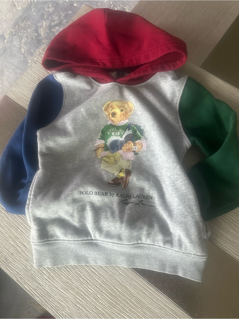 Ralph Lauren Kids Polo Bear Hoodie - Red Hood, Gray Body, Blue & Green Sleeves